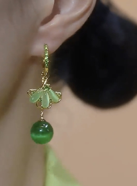 复古微镶绿色银杏叶珠流苏耳扣