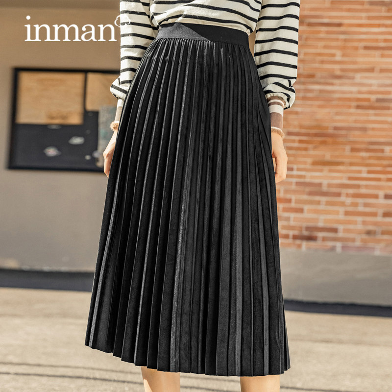 茵曼金丝绒百褶亮面2020秋冬半身裙 茵曼田田极客半身裙