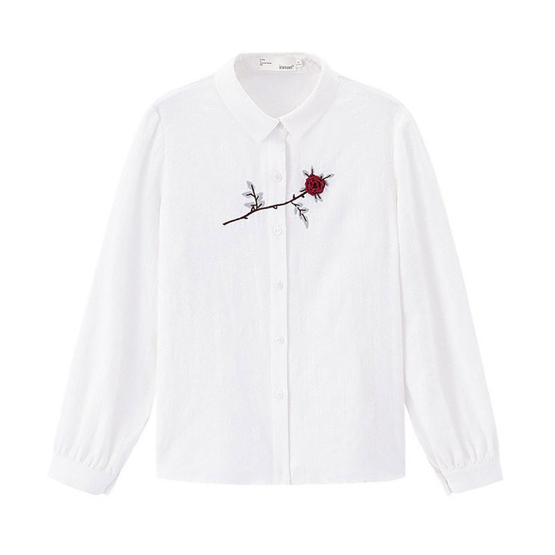 茵曼刺绣白色秋款长袖设计感衬衫 茵曼田田极客衬衫