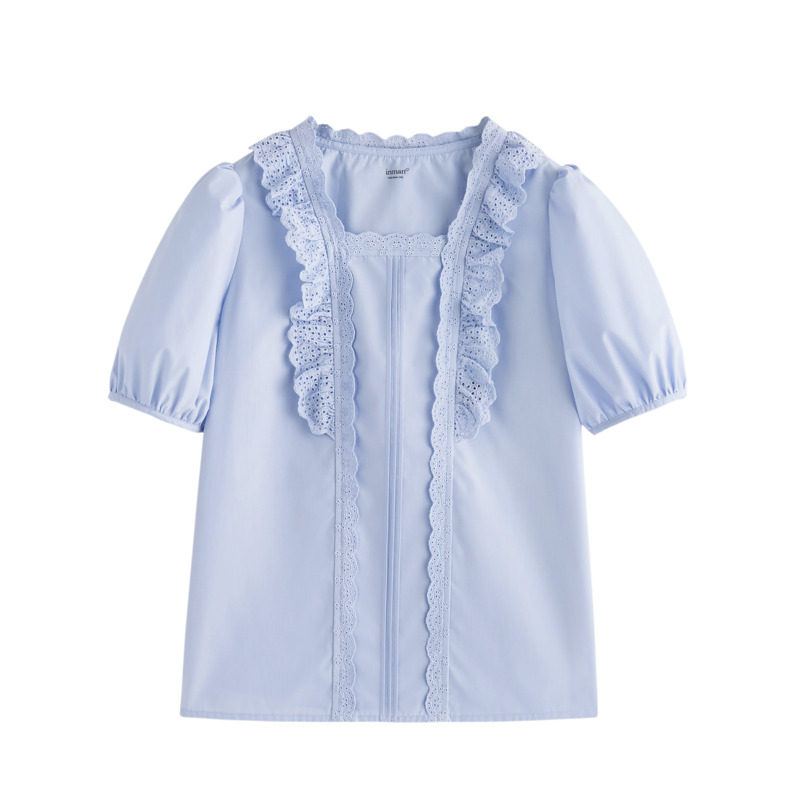 茵曼蕾丝花边方领泡泡短袖夏季衬衫 茵曼田田极客衬衫
