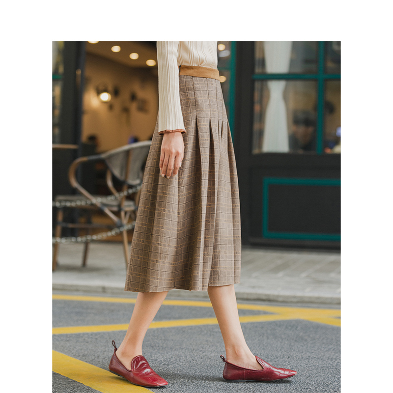 茵曼格子短款毛呢高腰秋冬半身裙 茵曼田田极客半身裙