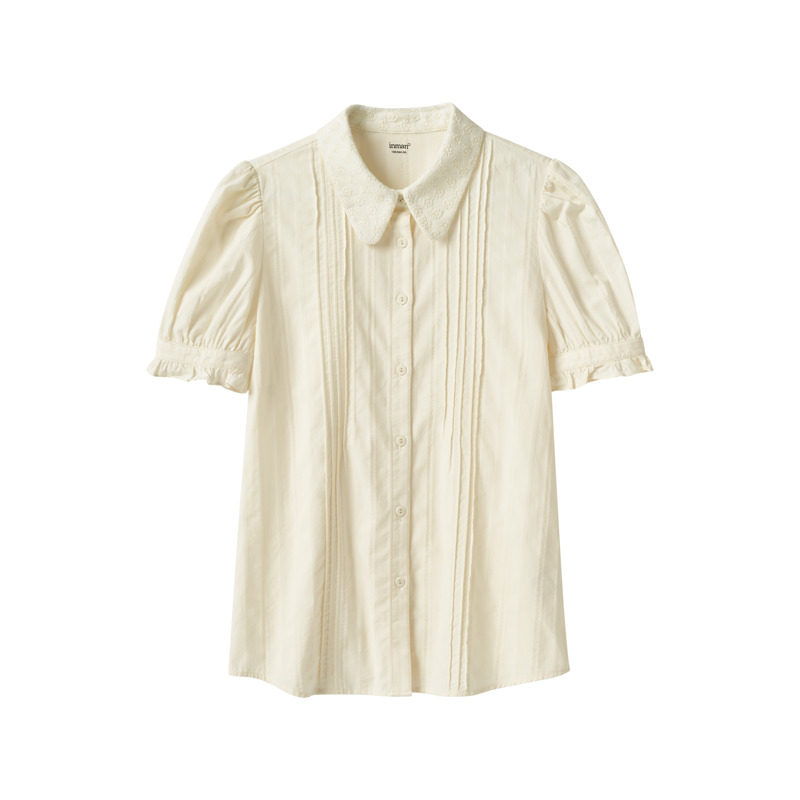 茵曼翻领花边短袖2022夏季新款衬衫 茵曼田田极客衬衫