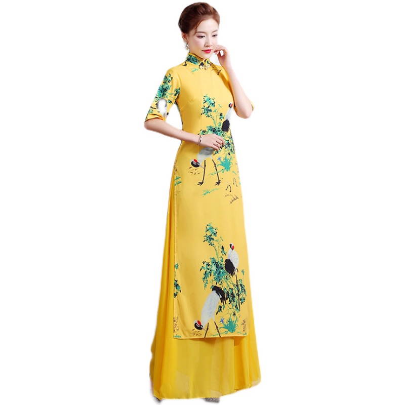 新款越南正宗奥黛旗袍裙黄色长款改良版舞台走秀旗袍演出服连衣裙-图3