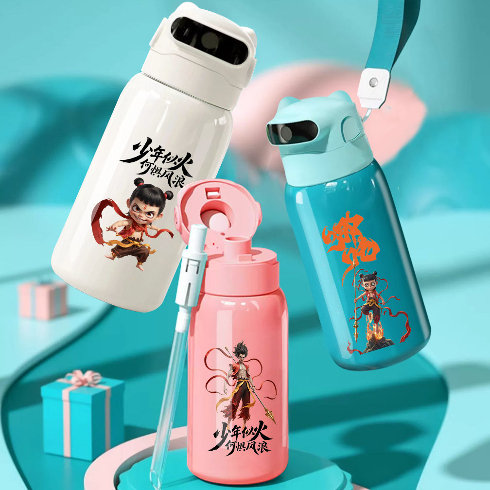 指纹保温杯儿童哪吒水杯学生女孩大容量2025新款官方旗舰店正品 - 图0