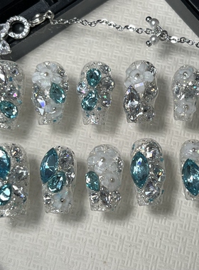 【B33】琉璃冰花蓝色水波纹冰花美甲手工穿戴甲夏日显白美甲