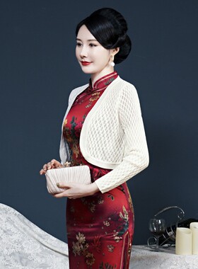 旗袍外搭披肩短款长袖针织开衫薄款上衣女春秋夏季空调衫显瘦外套