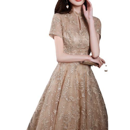 香槟色宴会晚礼服新款夏季公主裙仙气质艺考演出服年会主持人礼服 - 图3