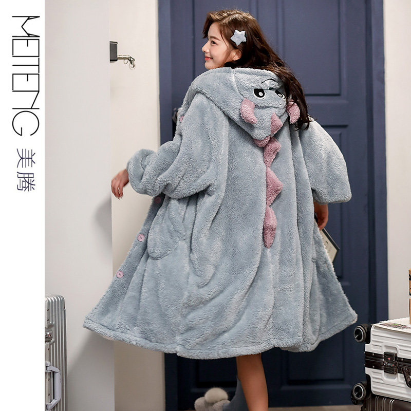 秋冬季珊瑚绒恐龙可爱长款睡袍 美腾睡袍/浴袍