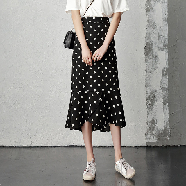 Polka dot fishtail skirt new large size high-waisted chiffon skirt