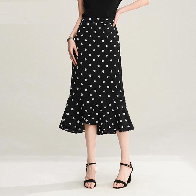 Polka dot fishtail skirt new large size high-waisted chiffon skirt