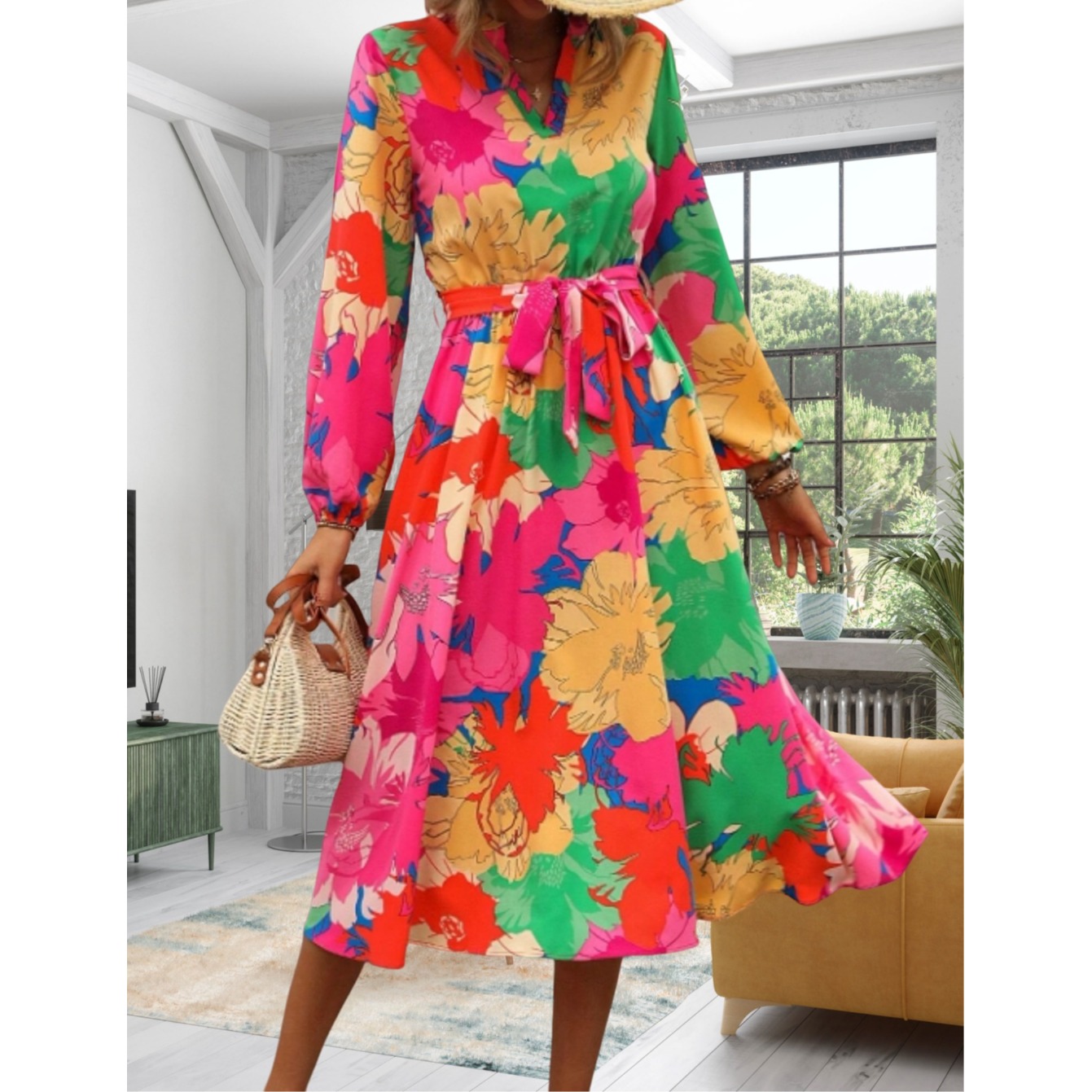 2024欧美外贸新款速卖通亚马逊temu独立站花朵印花V领长袖连衣裙 - 图0