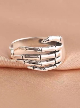 夸张暗黑骷髅手掌S925银戒指女复古时尚个性开口指环欧美食指戒潮