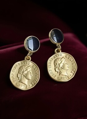 中古vintage复古高级感耳钉金色滴油人像耳饰首饰s925银针小众