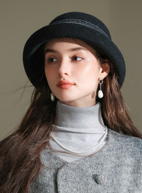 真享羊毛渔夫帽女秋冬季条纹卷边显脸小时尚百搭盆帽气质保暖帽子