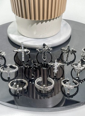 戒指女时尚复古十字架朋克暗黑个性开口指环小众ins冷淡风食指戒