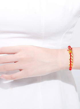 千年珠宝黄金五帝币手链女足金999金币五钱币红绳手串转运珠新款