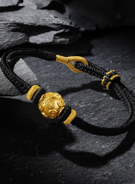 CEMNI/千年珠宝足金999铜钱金珠黑绳手串男黄金转运珠手绳女新款