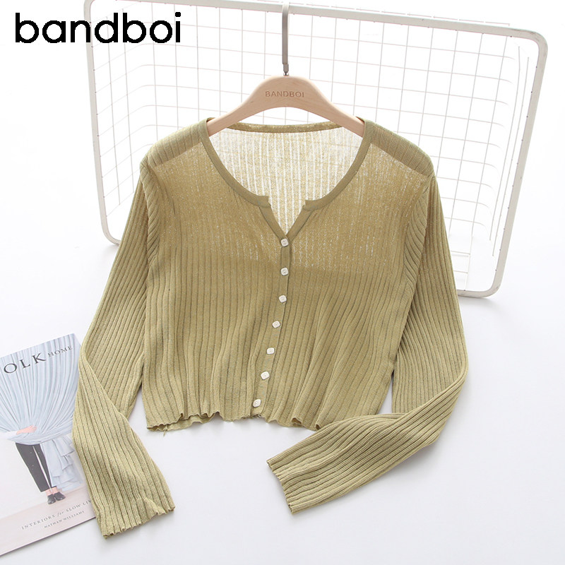 夏季长袖短款外搭冰丝针织衫开衫 邦德宝依毛针织衫