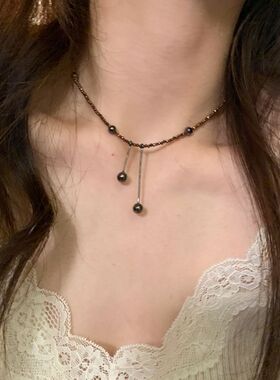 如蝶在野 原创咖色串珠水晶项链细闪锁骨链简约高级感毛衣链子