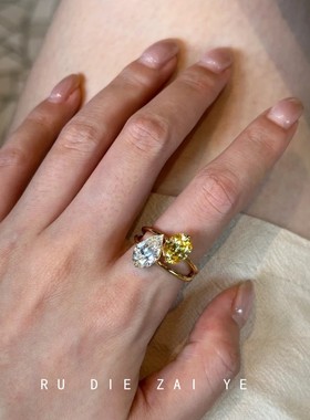 如蝶在野 巨闪！富贵感vintage水滴撞色锆石戒指轻奢高级感开口戒