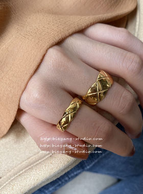 ins博主同款金色时髦指环复古小众菱形格子chic时尚百搭戒指
