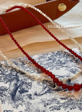 “点绛唇”红色天然石串珠项链复古气质手工锁骨链女