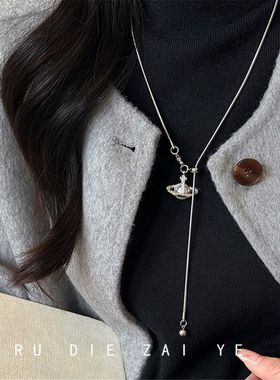 如蝶在野 vintage土星吊坠项链轻奢高级感甜酷辣妹风钛钢毛衣链