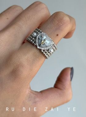 如蝶在野 vintage复古爱心珍珠蝴蝶星芒戒指轻奢高级感小众开口戒