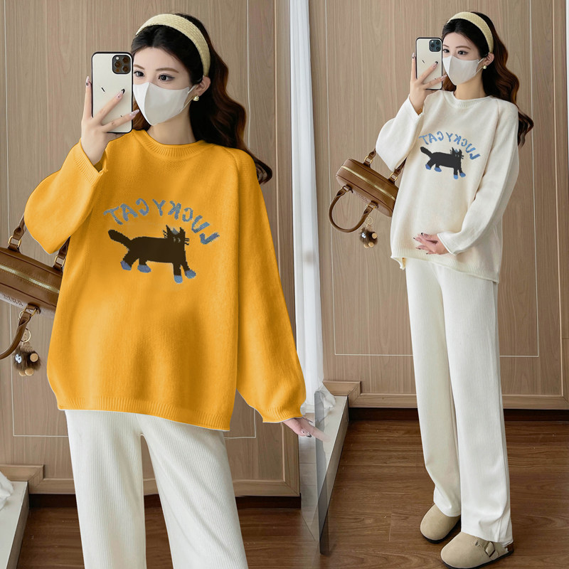 孕妇装秋冬装2025新款卡通小猫提花套头长袖毛衣宽松休闲百搭上衣,淘宝优惠券,粉丝福利购,淘宝优惠卷