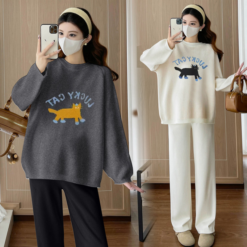 孕妇装秋冬装2025新款卡通小猫提花套头长袖毛衣宽松休闲百搭上衣,淘宝优惠券,粉丝福利购,淘宝优惠卷