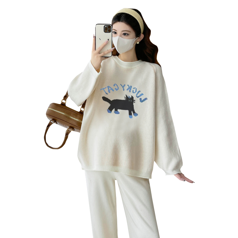 孕妇装秋冬装2025新款卡通小猫提花套头长袖毛衣宽松休闲百搭上衣,淘宝优惠券,粉丝福利购,淘宝优惠卷