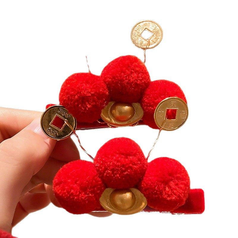 新年可爱红色毛球元宝发夹女个性创意过年头饰儿童侧边刘海夹发卡,淘宝优惠券,粉丝福利购,淘宝优惠卷