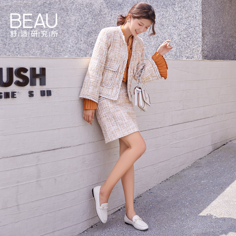 beau旗舰店BEAU秋季新款真皮乐福鞋女平底单鞋女软皮仙女风低跟粗跟女鞋1