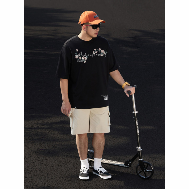 KERWATS品牌大码男装小花字母刺绣肥佬潮牌加大号春夏落肩短袖t恤,淘宝优惠券,粉丝福利购,淘宝优惠卷