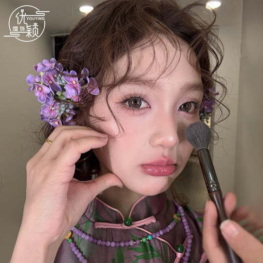 新中式紫色仿真花发夹森系甜美古风汉服百搭新娘边夹头饰晨袍配饰