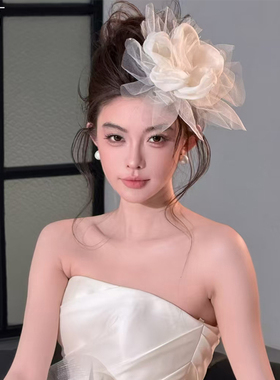新款白色网纱花朵发夹头饰夸张新娘礼服发饰仙美森系婚纱影楼拍照