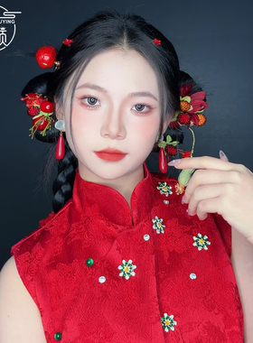 优颖新款新中式酒红色果实红枣花生碎花发饰新娘旗袍晨袍喜庆发饰