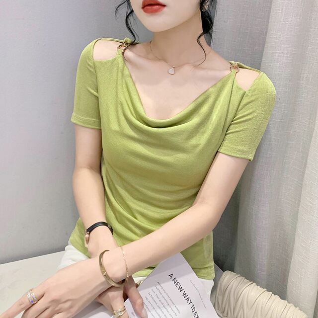 Summer design swaddle collar off-shoulder short-sleeved t-shirt for women