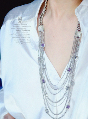 No.401 Lucky Brand 重工朋克 镀纯银紫水晶金属铆钉多层链条项链