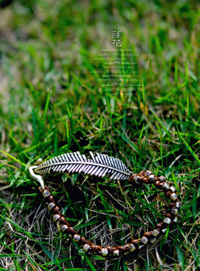 No.397 Lucky Brand 旧系风格 古铜羽毛蜡绳雕花珠编织朋克风手链