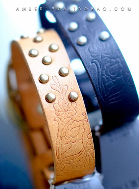 No.286 pilgrim 幸运点⒌ 合金镀金真皮雕花铆钉皮带扣手镯