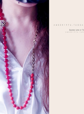 No.228 Fossil 浪漫迷人渐变红 合金镀金水晶镶嵌花卉项链毛衣链