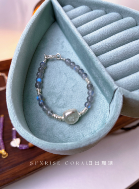 泰国清迈手工925纯银石榴花天然月光石手链女小众设计蜡绳可叠戴