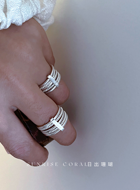 日出珊瑚 泰国清迈纯手工S925纯银五环戒指日常百搭时尚小众闭口