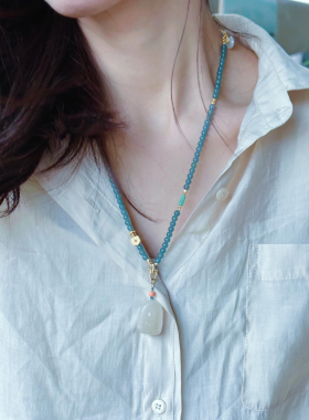 天然危料蓝水翡翠项链小米珠万能链百搭吊坠扣圆珠毛衣链高级感女