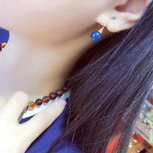 2019新品多米尼加蓝珀耳钉净水蓝珀耳线琥珀蜜蜡耳勾女款 - 图0