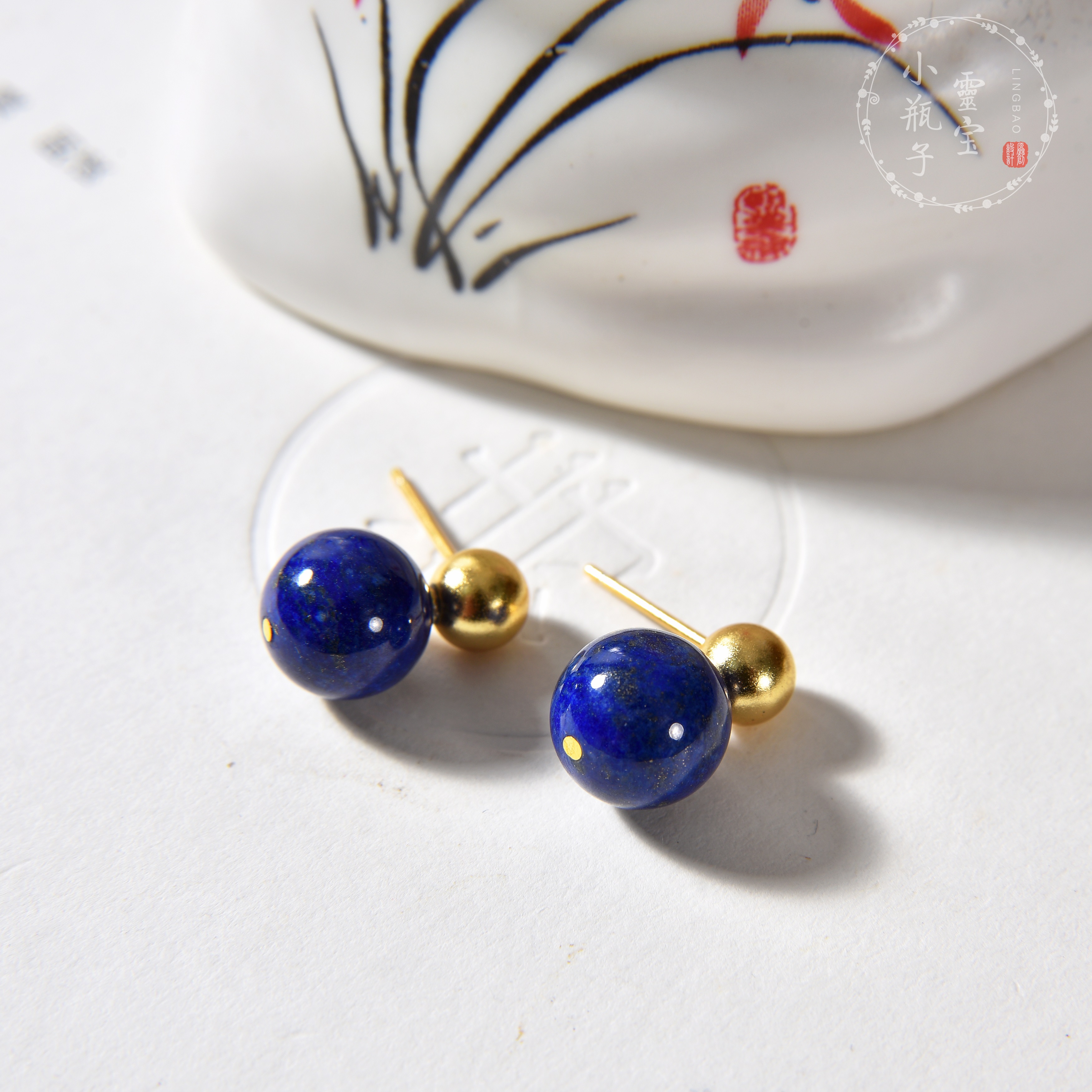 天然青金石耳钉女款925银针耳环耳坠耳饰复古新中式耳环天然石 - 图0