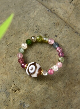 天然碧玺彩虹戒指切割面爆闪碧玺招财熊猫三眼时尚戒圈女士小众款