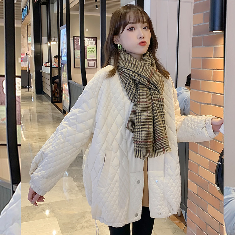 中长款慵懒风轻薄羽绒棉服女冬装韩版V领宽松显瘦抽绳开衫外套潮_虎窝淘