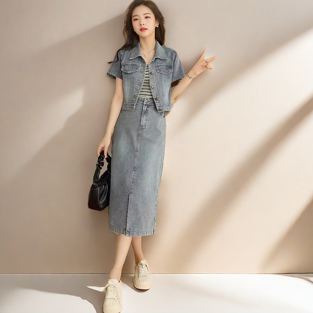 ຊຸດ denim ແຂນສັ້ນຂອງແມ່ຍິງລະດູຮ້ອນຊຸດກະທັດຮັດແລະ stylish ສອງສິ້ນ